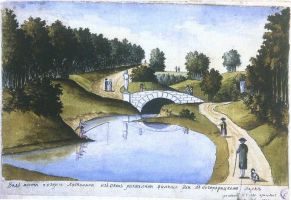 Андрей Болотов. Вид моста и озерка Латонина из окон развалины жилища Эхи в Богородицком парке. 1780-е