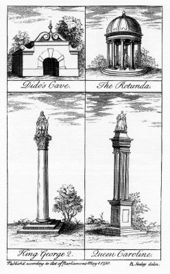 Бентон Сили. Виды храмов и других декоративных построек в Стоу. Лондон, 1750. Пещера Дидоны - в левом верхнем углу