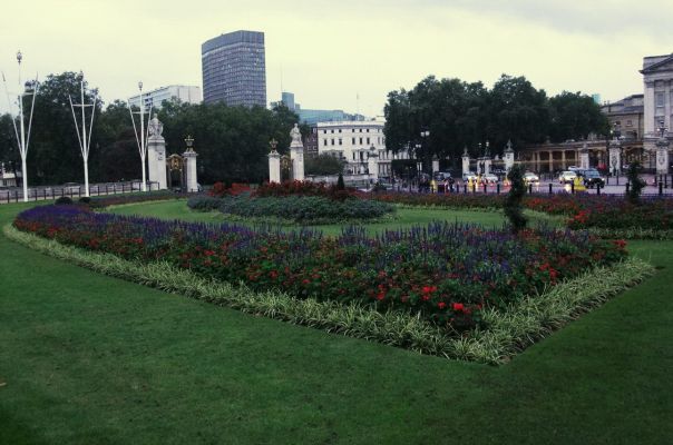 Лондон, Высокий, объемный цветник возле Букингемского дворца. Фото Елены Лапенко